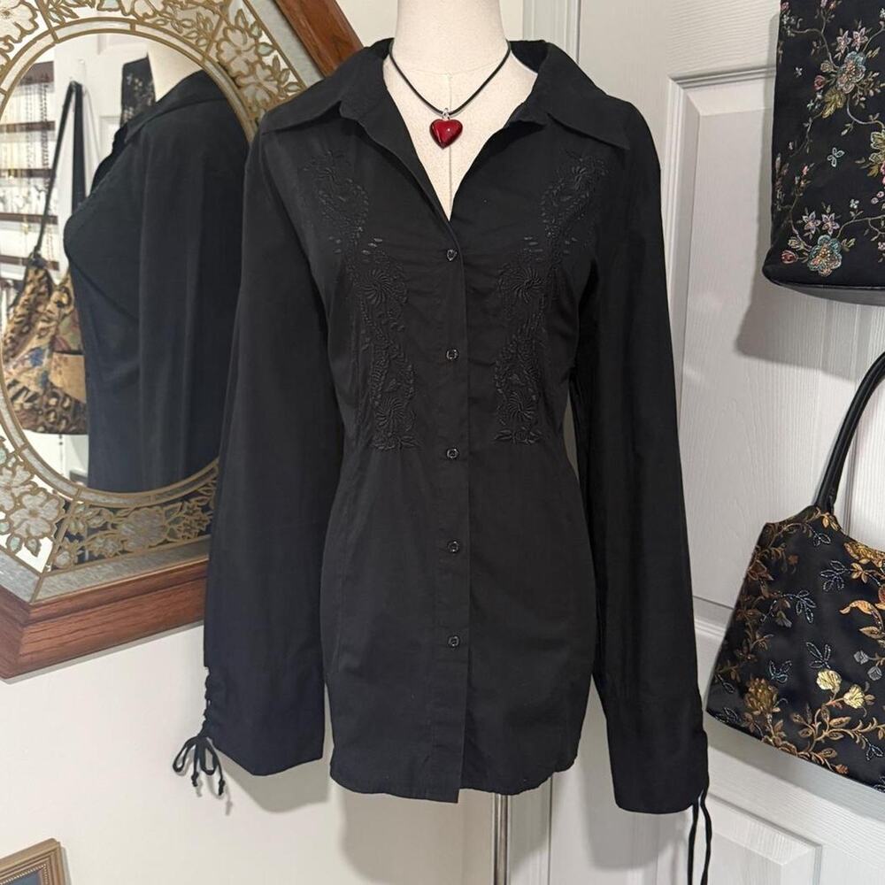 Y2K Faded Glory Black 100% Cotton Embroidered Long Sleeve Button Down Collar Top